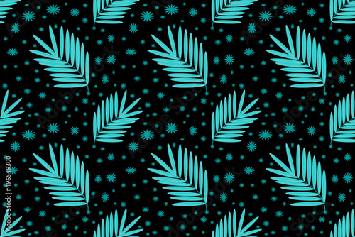 Seamless light blue leaf pattern, cute pattern on black background, fern leaves, herbs, forests, plants, elegant soft woven fabric, backdrop wrapping paper.