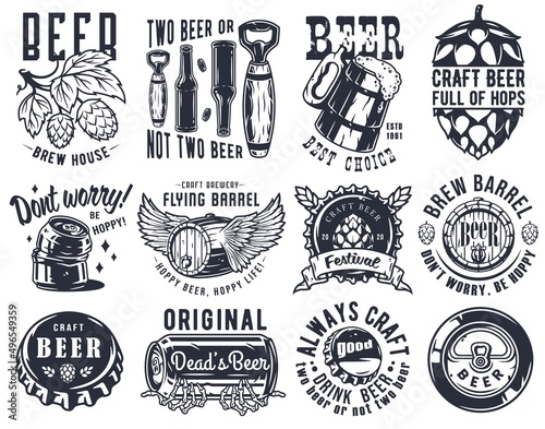 Craft beer brewery emblem set with cork and barrel, can with skeleton