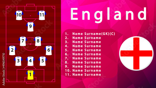 England National Football Team Formation on Football Field.England Football line-up on Pitch.Soccer tournamet Vector country flags.Vector design.Team formation.Starting lineup.Tactic.Soccer.Football 