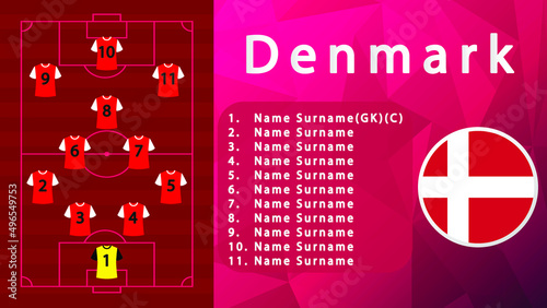 Denmark National Football Team Formation on Football Field.Denmark Football line-up on Pitch.Soccer tournamet Vector country flags.Vector design.Team formation.Starting lineup.Tactic.Soccer.Football 