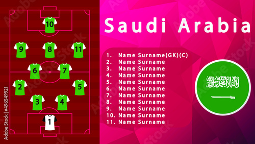 Saudi Arabia National Football Team Formation on Football Field.Saudi Arabia Football line-up on Pitch.Soccer tournamet Vector country flags.Vector design.Team formation.Starting lineup.Tactic.Soccer.