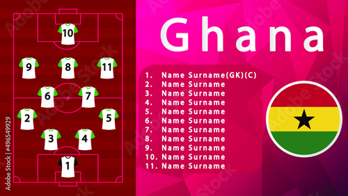 Ghana National Football Team Formation on Football Field.Ghana Football line-up on Pitch.Soccer tournamet Vector country flags.Vector design.Team formation.Starting lineup.Tactic.Soccer.