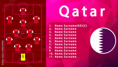 Qatar National Football Team Formation on Football Field.Qatar Football line-up on Pitch.Soccer tournamet Vector country flags.Vector design.Team formation.Starting lineup.Tactic.Soccer.