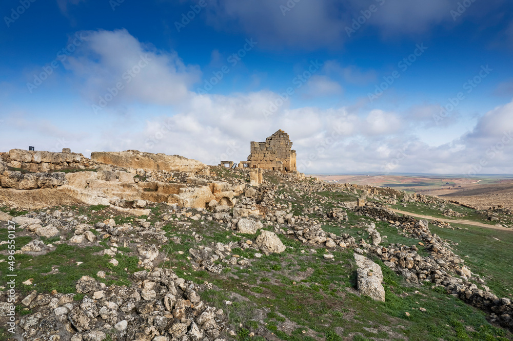 In the first lights of day panoramic view of Zerzevan Castle and Mithras Temple. Çinar, Diyarbakır, Turkey.