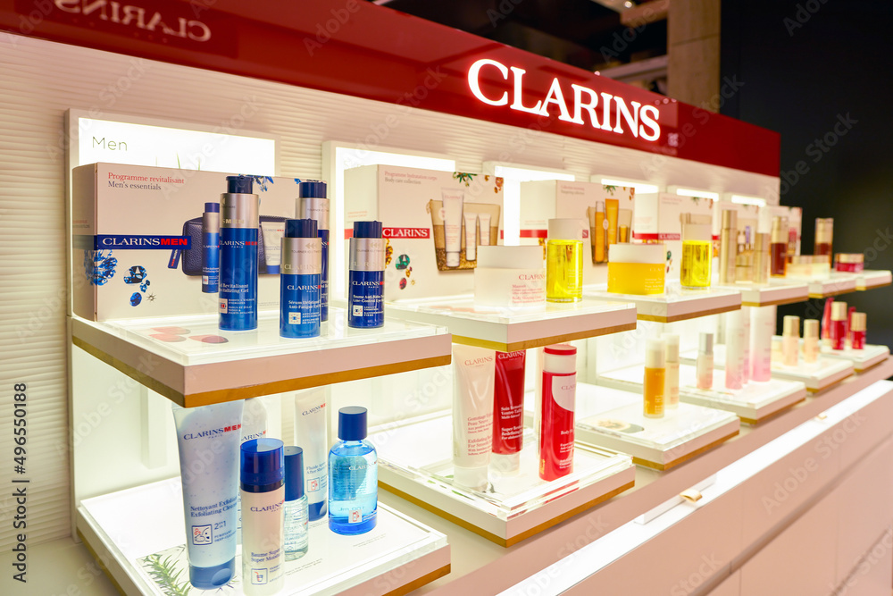 ROME, ITALY CIRCA NOVEMBER, 2017 Clarins beauty products sit on