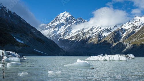 Icebergs floating on the Hooker Lake, Mt Cook, New Zealand.