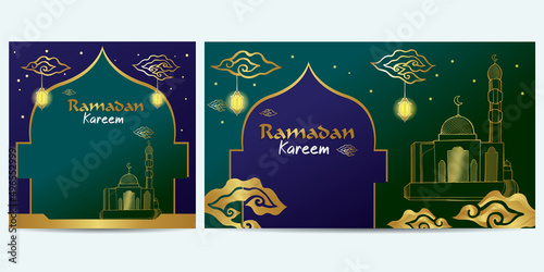 Islamic background in Ramadan Kareem Green Blue for social media flyer greeting card template Premium Vector