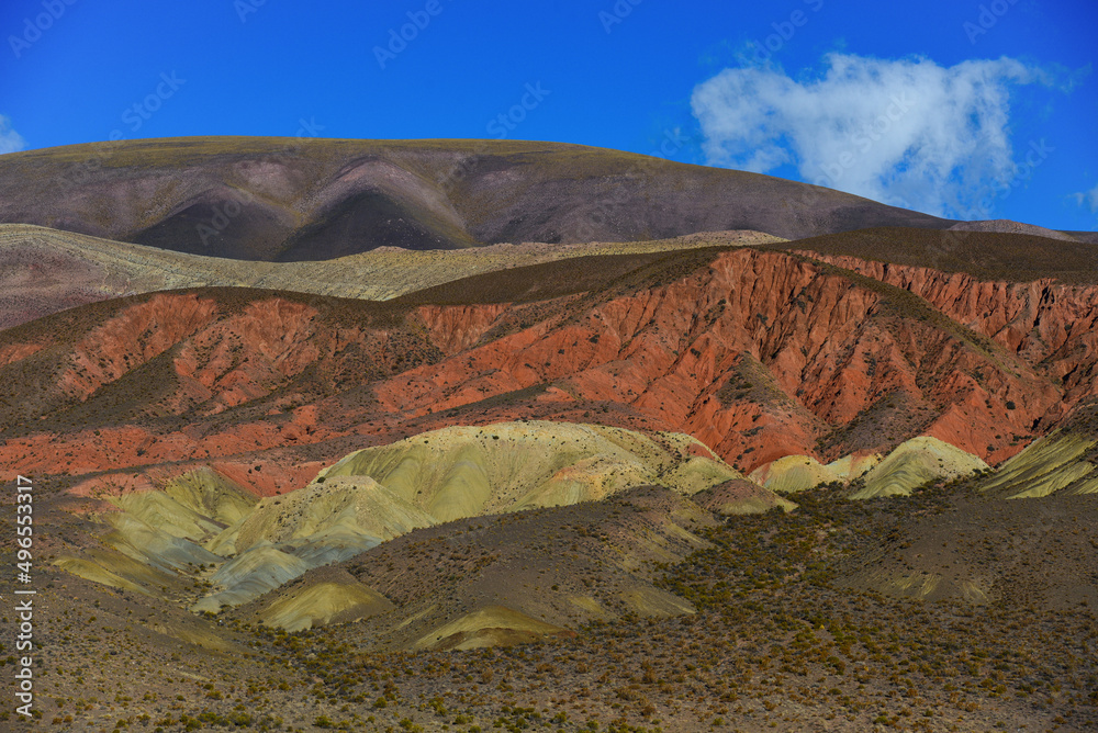Colorful mountain ridges on the western slopes of the Cuesta de Lipán mountain pass, between the Salinas Grande and Purmamarca village in the Quebrada de Humahuaca, Jujuy province, northwest Argentina