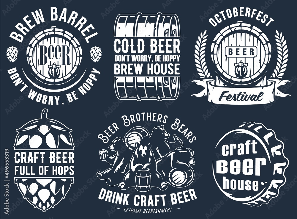 Craft beer brewery emblem set with bears and hop seed, barrel with barley, metal cork Craft beer brewery emblem set with bears and hop seed, barrel with barley, metal cork