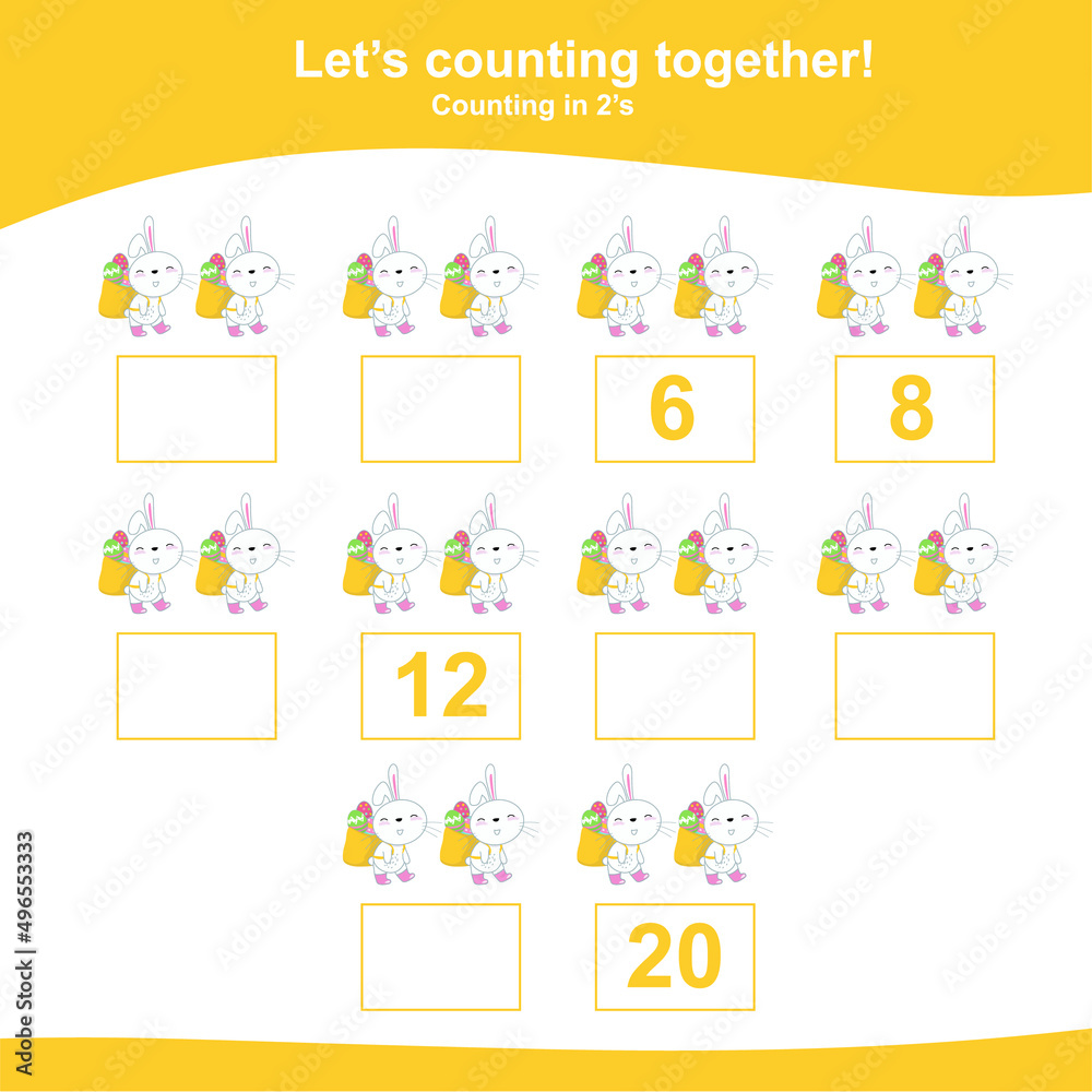 Counting the easter chickens for Preschool Children. Counting multiples of two. Educational printable math worksheet. Additional worksheet for kids. Vector illustration.