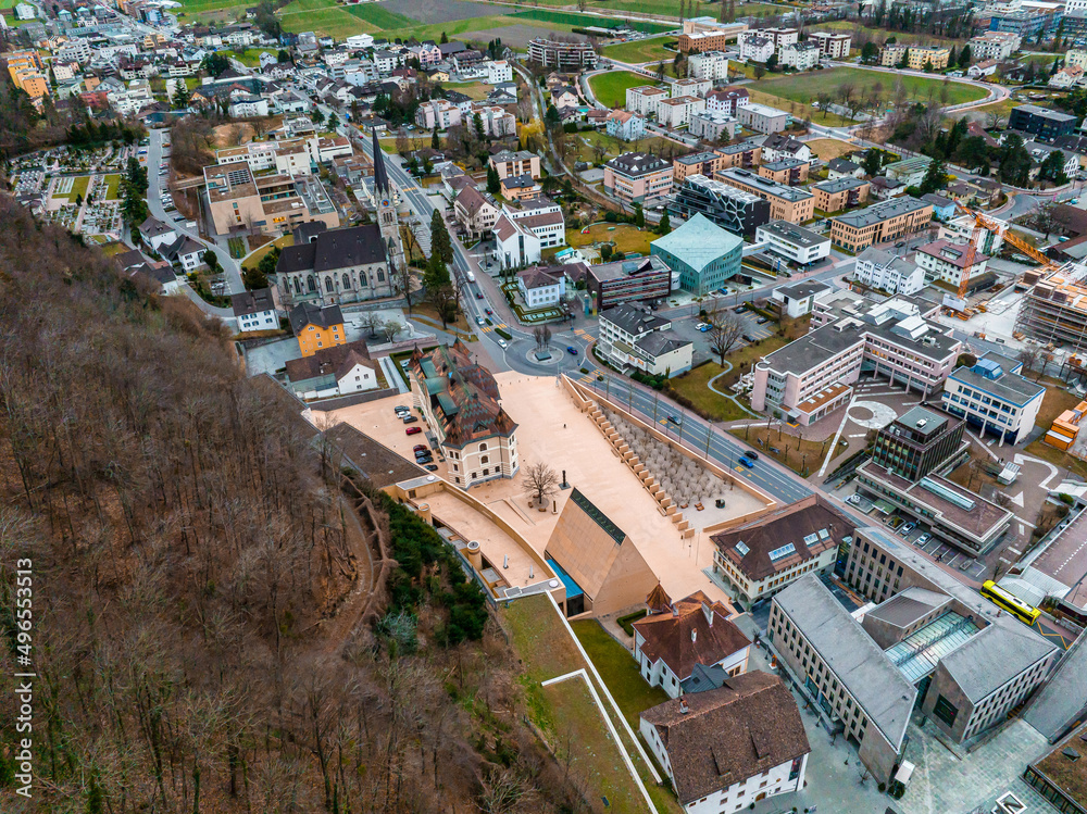 Aerial view of Vaduz - the capital of Liechtenstein. Beautiful city of Liechtenstein.