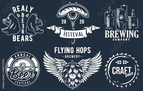 Craft beer brewery emblem set with hops seed and bears, can and barrel
