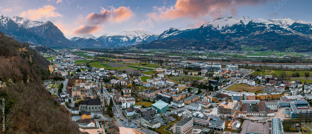 Naklejka premium Aerial view of Vaduz - the capital of Liechtenstein. Beautiful city of Liechtenstein.