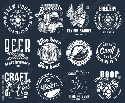 Craft beer brewery emblem set with bears and hop seed, barrel with barley, metal cork