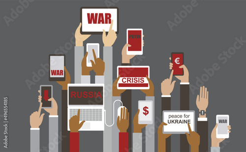 Press and mass media coverage of the war in Ukraine. Human hands holding various smart devices with war headers on their screens.