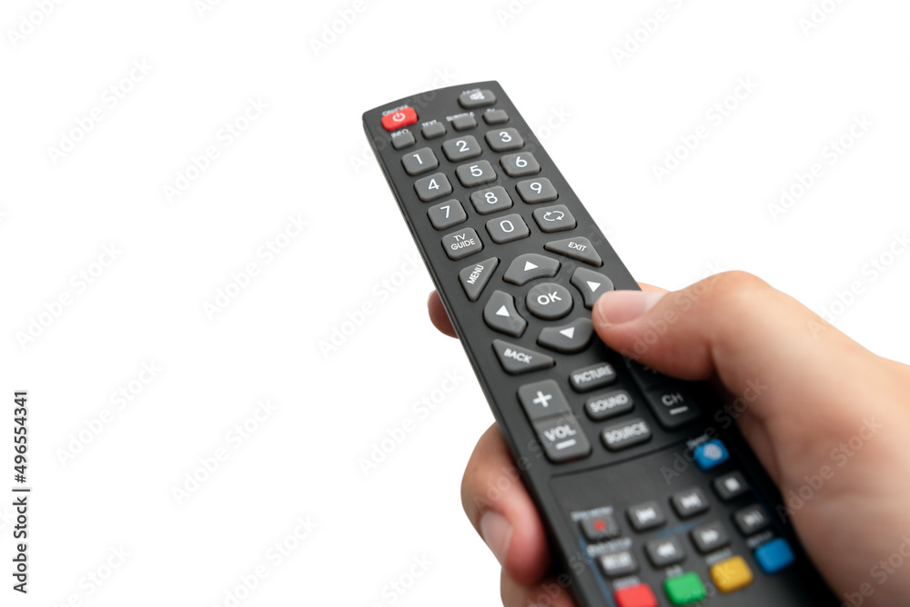 Hand holding remote control. Element isolated on white background Hand holding remote control. Element isolated on white background