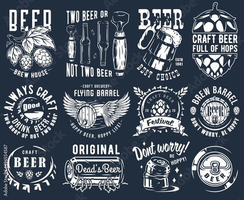 Craft beer brewery emblem set with cork and barrel, can with skeleton