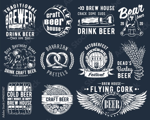 Craft beer brewery emblem set with hops seed and bears, can and barrel
