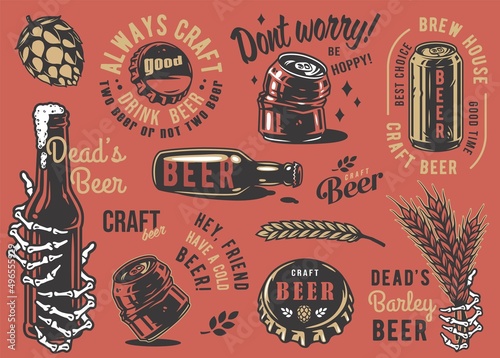 Craft beer brewery emblem set with beer bottle metal cork and can with skeleton, barrel with barley