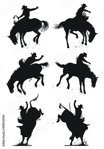 Leinwand Poster Vector silhouettes of a rodeo cowboy riding a bucking bronc and a bull