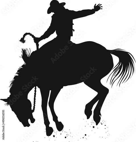 Vector silhouette of a rodeo cowboy riding a bucking bronc In the saddle bronc rodeo event.