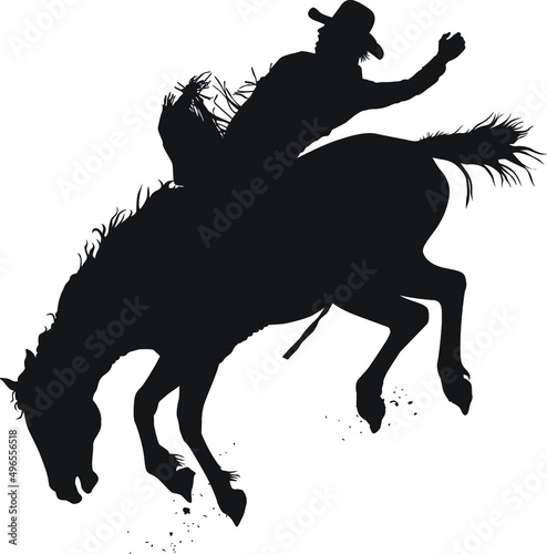 Vector silhouette of a rodeo cowboy riding a bucking bronc In the bareback bronc rodeo event. photo
