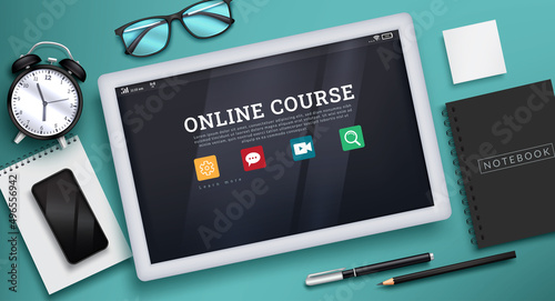 E-learning vector concept design. Online course text in tablet phone device with technology tools icon and educational elements for distance learning. Vector illustration.  
