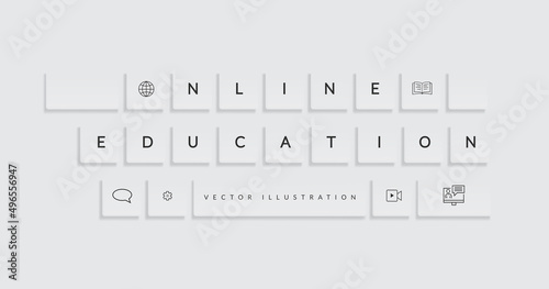 E-learning vector concept design. Online education text with technology icons in device keyboard for educational distance learning. Vector illustration.
