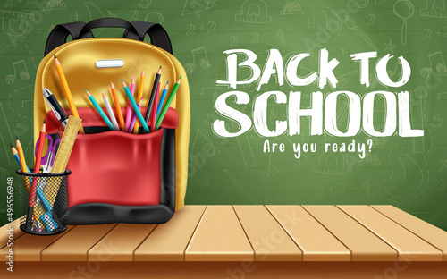 Back to school vector design. Back to school text in chalkboard background with backpack bag and color pencil items for kids educational learning. Vector illustration.

