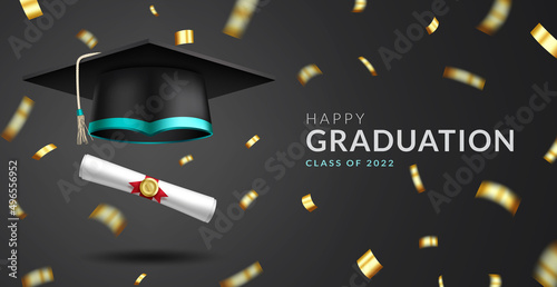 Graduation greeting vector design. Happy graduation text with mortarboard cap, diploma and confetti elements for class of 2022 graduates celebration. Vector illustration. 