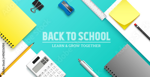 Back to school vector background design. Back to school text with educational supplies of notebook, ball pen and calculator for class study decoration. Vector illustration.
