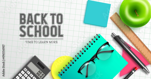 Back to school vector design. Back to school text with educational item supplies in graph background for kids colorful educational study. Vector illustration.

