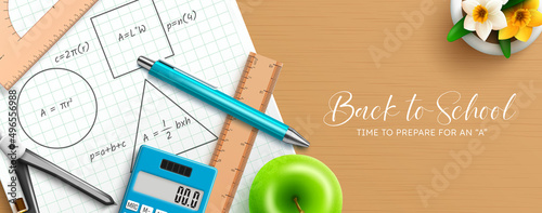 Back to school vector design. Back to school text in study table with lesson notes, ball pen and calculator for math advance learning education. Vector illustration.
