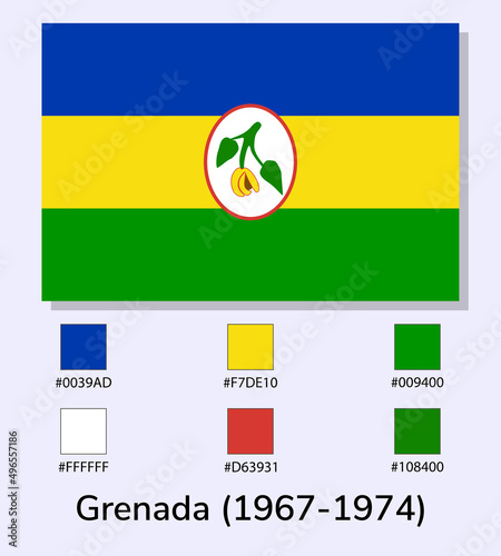 Vector Illustration of Grenada (1967-1974) flag isolated on light blue background. Illustration Grenada (1967-1974) flag with Color Codes. As close as possible to the original.