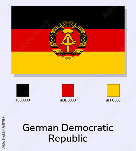 Vector Illustration of German Democratic Republic flag isolated on light blue background. Illustration German Democratic Republic flag with Color Codes. East Germany flag. vector eps10.