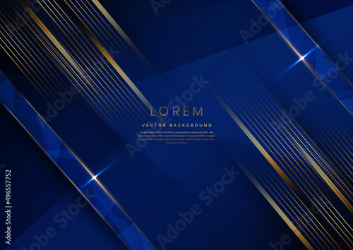 Abstract luxury golden lines diagonal overlapping on blue background. Template premium award design.