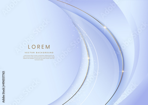 Abstract 3d light blue background with gold lines curved wavy sparkle with copy space for text. Luxury style template design.