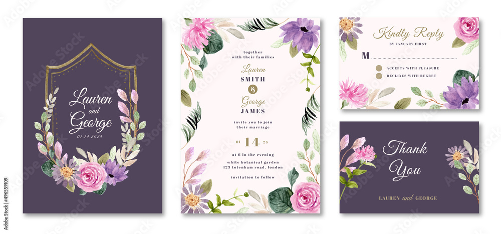 wedding invitation set with purple pink floral watercolor