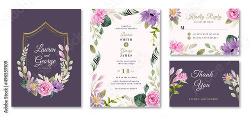 wedding invitation set with purple pink floral watercolor