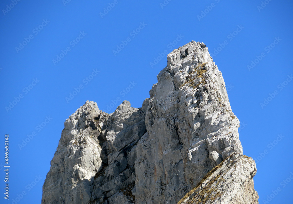 Rocky peak Dejenstogg or Dejenstock (2022 m) in the Glarus Alps mountain range, over the Klöntalersee (or Kloentalersee) reservoir lake and Klöntal alpine valley - Canton of Glarus, Switzerland Rocky peak Dejenstogg or Dejenstock (2022 m) in the Glarus Alps mountain range, over the Klöntalersee (or Kloentalersee) reservoir lake and Klöntal alpine valley - Canton of Glarus, Switzerland