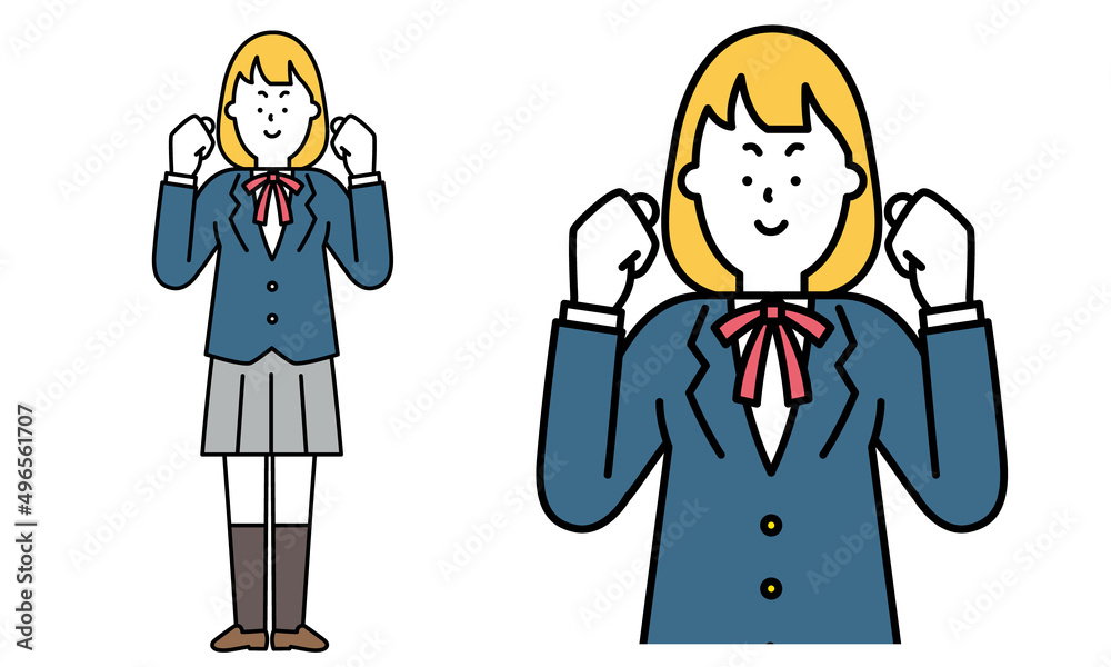 ガッツポーズをしている制服を着た女子高校生のイラスト素材。