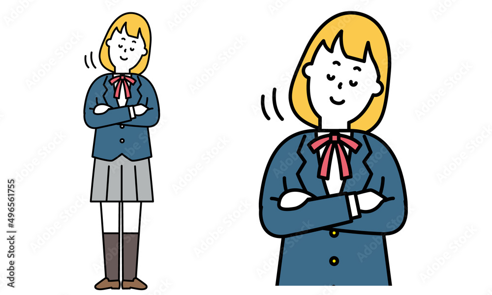 腕組みしてうなずく制服を着た女子高校生のイラスト素材。