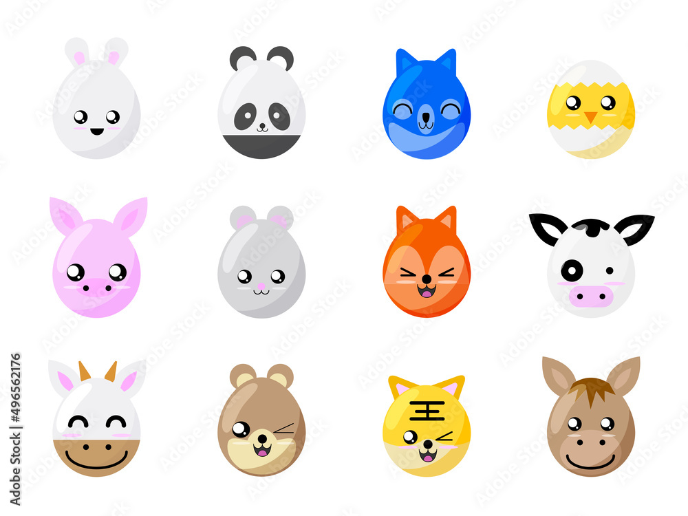 Collection of Easter egg painted in cute animals. Adorable rabbit, bird, bear, cow, tiger, squirrel, panda, pig, rat and donkey in form of decorative eggs. Cute character design for decoration, kids.