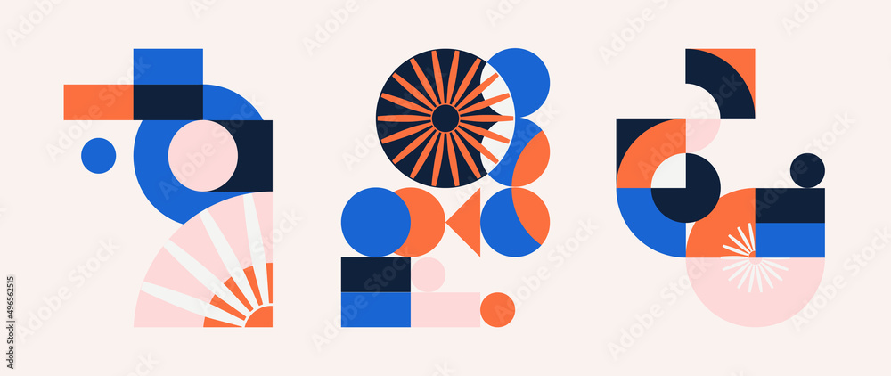 Set of geometric pattern element in mid-century style. Collection of abstract circle, square and flower shape with blue and orange color. Modern design on white background for decor, cover, print. - obrazy, fototapety, plakaty 
