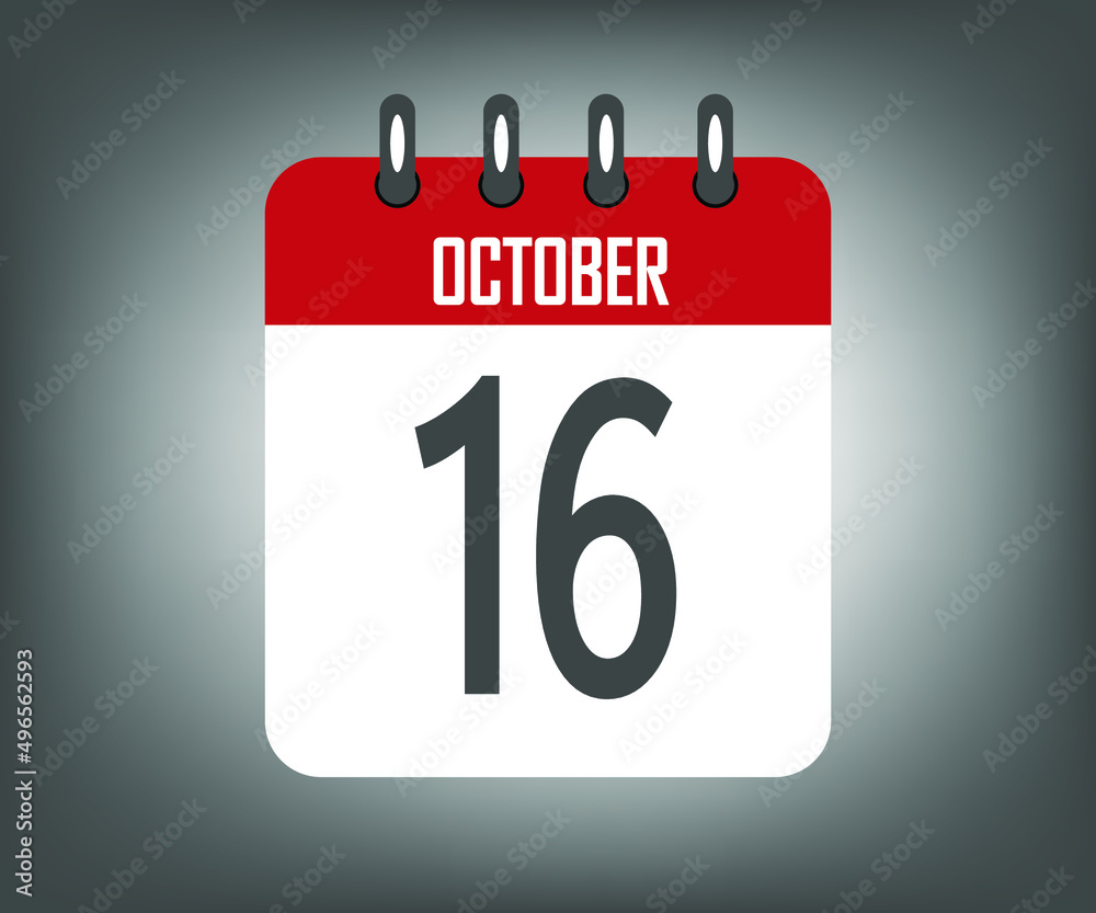 Icon day 16 october, red calendar template with gray background Icon day 16 october, red calendar template with gray background