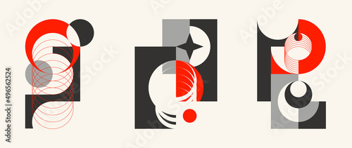 Set of geometric pattern element in minimal style. Collection of abstract circle, square, star shape and line with grey and red color. Modern design on white background for decor, cover, print.