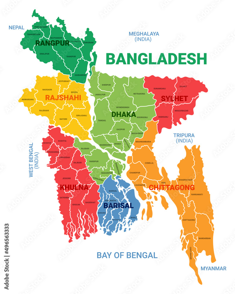 Vecteur Stock Bangladesh map with all divisions and districts | Adobe Stock