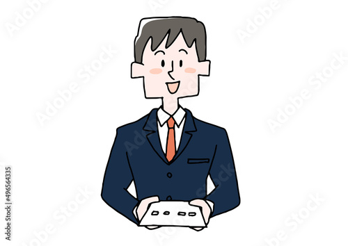 正面から見た名刺を渡すビジネスマン（スーツ）コミカルな手書きの人物　ベクター、線画にカラー