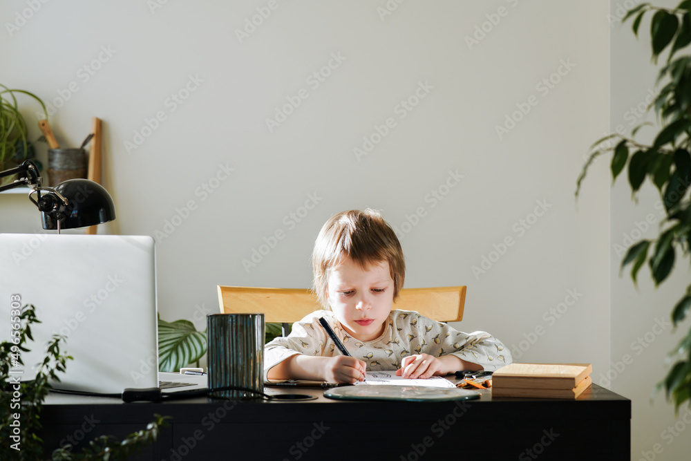 preschool boy draws at home during lockdown, using online lesson on laptop during isolation. Online education
