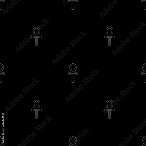 Seamless monochrome pattern with ancient Egyptian ankh cross symbols. Key of life. Linear outlines on black background.
